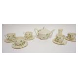 1004	BELLEEK TEASET, TEAPOT, 5 TEACUPS & SAUCERS, & 4 IN HIGH VASE