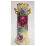 1013	BAVARIAN PORCELAIN HAND PAINTED VASE, DOUBLE HANDLED W/ROSES & GILT ACCENT HANDLES & TRIM, APPR