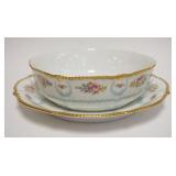 1015	LIMOGES LARGE HAND PAINTED BOWL W/UNDERPLATE, HAND PAINTED FLOWERS W/GILT EDGE BORDER, BOWL APP