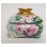 1016	AUSTRIAN HAND PAINTED HAIR RECEIVER, PAINTED ROSES W/GILT ACCENT TOP, ARTIST SIGNED, APPROXIMAT