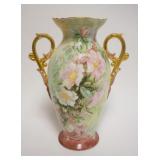 1019	HAND PAINTED PORCELAIN VASE, DOUBLE HANDLED W/IMAGES OF FLOWERS, GILT RIM & HANDLES, APPROXIMAT