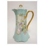 1021	LIMOGES HAND PAINTED CHOCOLATE POT W/IMAGES OF FLOWERS & GILT TRIM, ARTIST SIGNED, APPROXIMATEL
