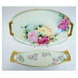 1028	HAND PAINTED PORCELAIN TRAYS EACH W/ROSES & GILT TRIM EDGES, BOTH SIGNED, LARGEST APPROXIMATELY