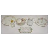 1037	GROUP OF ASSORTED DECORATED CHINA INCLUDING AUSTRIAN TEAPOT, WARWICK & LIMOGES TRAY, LIMOGE EGG