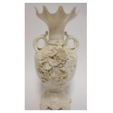 1041	BELLEEK VASE W/APPLIED FLOWERS & SCALLOPED FLAIRED TOP, APPROXIMATELY 13 IN HIGH