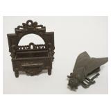 1051	ANTIQUE CAST IRON WALL MATCH HOLDER DATED 1871 AND CAST IRON FLY PAPER WEIGHT, TALL PIECE APPRO