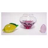 1057	GROUP OF ASSORTED ART GLASS PIECES INCLUDING VASE, EGG PAPERWEIGHT AND LEMON GLASS PAPERWEIGHT,