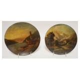 1063	2 OIL PAINTINGS ON PLATES, HARBOR SCENE ON PAPER MACHE AND MILL WITH WATER WHEEL ON REDWARE, GA