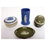 1065	GROUP OF ASSORTED WEDGWOOD INCLUDING COVERED BOXES, TRAY AND VASE APPROXIMATELY 4 IN H