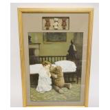 1074	FRAMED VICTORIAN PRINT WITH IMAGE OF CHILD PRAYING WITH HER TEDDY BEAR, WITH 3 MINIATURE TEDDY 