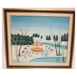 1076	ROBERT FOX OIL PAINTING ON CANVAS, FOLK ART STYLE OF WINTER CARNIVAL, APPROXIMATELY 25 IN X 29 