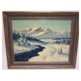 1077	OIL  PAINTING ON BOARD, WINTER SCENE, CABIN ALONG STREAM BY MOUNTAIN SIDE, APPROXIMATELY 29 IN 