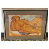 1081	ARNALDO MICCOLI FRAMED AND MATTED PAINTING OF NUDE RECLINING WOMAN UNDER GLASS, APPROXIMATELY 2