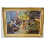 1084	LARGE OIL PAINTING ON CANVAS, SCENE DEPICTING WOMAN SEWING WHILE CHILDREN ARE PLAYING, ARTIST SIGNED LOWER RIGHT, APPROXIMATELY 44 IN X 33 IN OVERALL