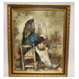 1090	MANUEL MONTON BUNEL OIL PAINTING ON CANVAS, IMAGE OF WOMAN SEATED, HOLDING BASKET, APPROXIMATEL