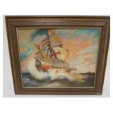 1093	ALICE SCAMPORINO 1950 SIGNED, FRAMED OIL PAINTING ON BOARD, SAILING SHIP, APPROXIMATELY 25 1/2 