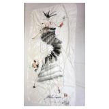 1121	ASIAN SILK SCARF SIGNED, APPROXIMATELY 34 IN X 17 IN