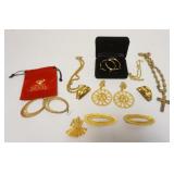 1139	GOLD TONE JEWELRY, SUN EARRINGS MADE BY CHAPMAN, ELONGATED EARRINGS BY ANAKA & SHELL HOOP EARRI