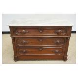 1152	ANTIQUE VICTORIAN MARBLE TOP 3 DRAWER CHEST WITH CARVED DRAWER PULLS, APPROXIMATELY 47 IN X 22 