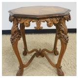 1154	OUTSTANDING CARVED WALNUT LAMP OCCASIONAL TABLE WITH BURL WALNUT INLAY TOP, APPROXIMATELY 27 IN