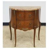 1156	ITALIAN MARBLE TOP DEMILUNE STAND WITH APPLIED METAL MOUNTS, APPROXIMATELY 25 IN X 13 IN X 30 I