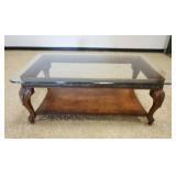 1164	GLASS TOP CABRIOLE LEG COFFEE TABLE, APPROXIMATELY 32 IN X 52 IN X 20 IN H