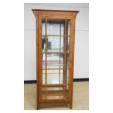 1168	PHILIP REINISCH MISSION OAK STYLE CRYSTAL CABINET WITH LATICE WORK DOOR, MIRROR BACK AND INTERI