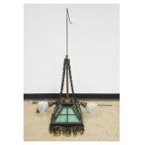 1177	MISSION STYLE HANGING LAMP FIXTURE WITH GREEN SLAG GLASS PANELS AND RIBBED SHADES ON EITHER SID