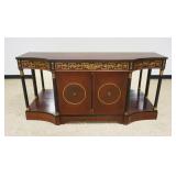 1185	MAHOGANY REGENCY STYLE DOUBLE DOOR, 3 DRAWER SERVER WITH EBONIZED COLUMNS AND APPLIED GREEK KEY AND FLORAL TRIM WITH MIRROR BACK. APPROXIMATELY 72 IN X 21 IN X 35 IN H