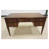 1187	MAHOGANY LEATHER TOP DESK WITH 5 DRAWERS AND PENCIL INLAID TAPERED LEGS, APPROXIMATELY 53 IN X 