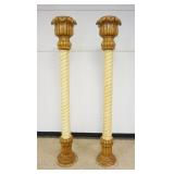 1189	PAIR OF ORNATE COMPOSITE FAUX PAINT DECORATED SPIRAL CENTERED COLUMNS ON ROUND MARBLE BASES, EA