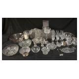 1190	GROUP OF ASSORTED CLEAR GLASS INCLUDING WATERFORD CRYSTAL TALL PILLAR CANDLE HOLDER