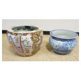1199	KOI FISH BOWL AND BLUE AND WHITE JARDINEER, LARGEST APPROXIMATELY 16 ON X 16 IN H. FISH BOWL HA