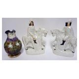 1047	PAIR OF STAFFORDSHIRE FIGURES OF MAN RIDING HORSE, EACH APPROXIMATELY 11 1/2 IN HIGH & ANTIQE M