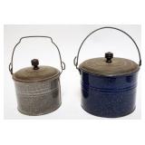 1060	2 MINIATURE BLUE & GRAY AGATE COVERED PAILS, LARGEST APPROXIMATELY 6 IN HIGH
