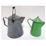 1062	AGATE & GREEN ENAMEL COFFEE POTS, LARGEST APPROXIMATELY 12 IN