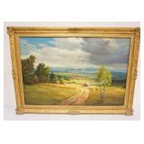 1076	OIL PAINTING ON CANVAS RURAL COUNTRYSIDE W/VILLAGE IN DISTANCE, ARTIST SIGNED, APROXIMATELY 42 