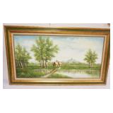 1077	OIL PAINTING ON CANVAS LANDSCAPE, ARTIST SIGNED, APPROXIMATELY 33 IN X 56 IN OVERALL