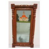 1079	ANTIQUE MAHOGANY FEDERAL MIRROR W/REVERSE PAINTED GLASS IMAGE OF SCHOOL HOUSE, APPROXIMATELY 15