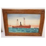 1085	NAUTICAL OIL PAINTING ON BOARD OF SHIP *44 NORTHWEST END 44* APPROXIMATELY 14 IN X 20 IN OVERAL
