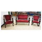1123	3 PIECE EMPIRE MAHOGANY PARLOR SET W/MASSIVE CARVED HEADS & PAW FEET, ARMCHAIR, ROCKING CHAIR &