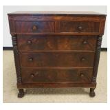 1126	EMPIRE MAHOGANY 5 DRAWER CHEST W/SPIRAL HALF COLUMNS & CLAW FEET, SOME VENEER TRIM LOSS, APPROX