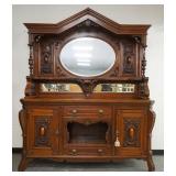1132	VICTORIAN HEAVY CARVED WALNUT 2 PART SIDEBOARD W/ TURNED COLUMNS & BEVELED MIRRORS, APPROXIMATE