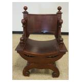 1135	MAHOGANY CARVED SAVONAROLA CHAIR W/CARVED SWANS SIDES, APPROXIMATELY 27 IN X 23 IN X 39 IN HIGH