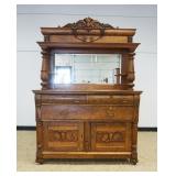 1147	OAK 2 PART MIRROR BACK SIDEBOARD W/TURNED FLUTED COLUMNS, 3 DRAWERS OVER 2 CARVED DOORS, APPROX