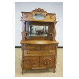1149	OAK 2 PART MIRROR BACK SIDEBOARD, 3 DRAWERS OVER 2 DOORS, APPROXIMATELY 42 IN X 19 IN X 75 IN H