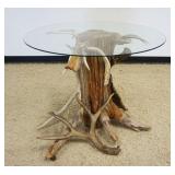 1154	GLASS TOP ADIRONDACK TABLE, APPROXIMATELY 36 IN X 31 IN HIGH