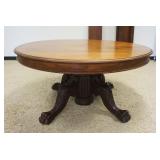 1155	ANTIQUE MAHOGANY 59 IN ROUND EXTENSION PEDESTAL TABLE W/MASSIVE CARVED CLAW FOOT BASE & 5 13 3/