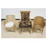 1161	CARVED OAK ARMCHAIR & 2 WICKER ARMCHAIRS