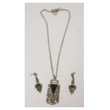 1181	STERLING SILVER MARCASITE AND ONYX NECKLACE AND EARRING SET, 6.3 TOZ INCLUDING STONES